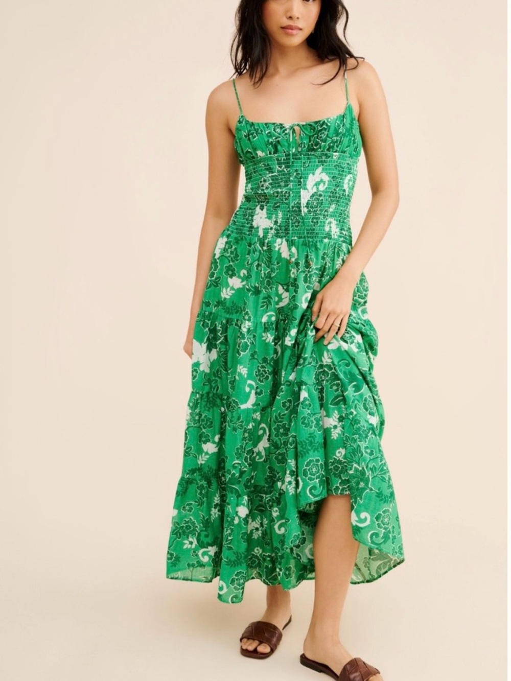 NWOT:  Anthropologie - Maeve: Green & White Floral Smocked Midi Dress - Women
